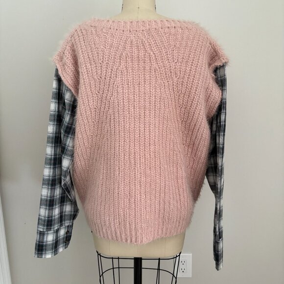 POL Women's Pink Knit Sweater With Flannel Sleeves Size Large Cotton Blend Small - Picture 3 of 9